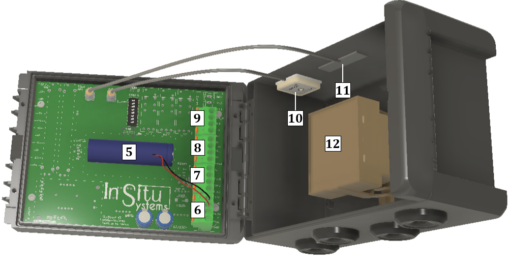 Vue interne de IS-CONSO avec borniers, batterie lithium, antennes et câblage
