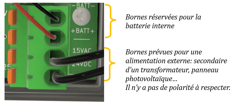 Bornier d'alimentation : bornes BATT pour la batterie interne ; bornes 15 Vac / 24 Vdc pour l'alimentation externe (sans polarité à respecter)