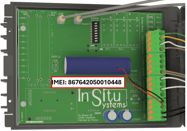 Emplacement du numéro IMEI à l'intérieur de l'IS-CONSO (ex. : 867642050010448)